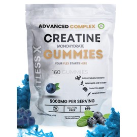 LMTLESS X Creatine Gummies - 5G Sugar-Free Monohydrate with B12 for Energy, Focus, and Strength | Vegan, Gluten-Free | Blueberry 160 Gummies per Bag