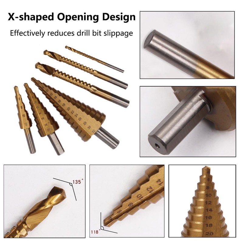 6Pcs Step Drill Bit Set, HSS Drill Bits Cone Drill