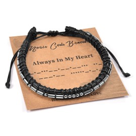 SUNSH Morse Code Bracelets Always in My Heart Gifts for Him Adjustable Inspirational Leather Bracelet Mens Bracelet Gifts for Dad Son Boyfriend Husband Graduation Gifts for Men