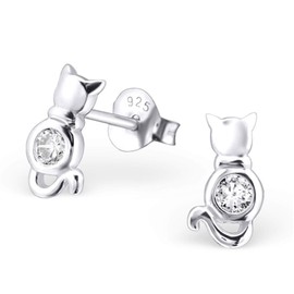 Monkimau Girls' Cat Stud Earrings 925 Sterling Silver with 2 Crystals, Silver, Cubic Zirconia