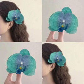 TseenYi Orchid Flower Hair Clips Green Orchid Hair Clips Large Fabric Floral Clip Butterfly Orchid Floral Hair Pin Pearl Floral Bridal Wedding Headpiece Head Clip Two Way Jewellery