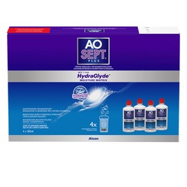 Aosept Plus mit Hydraglyde contact lens care solution, system pack, 4 x 360 ml | Safe disinfection and flawless purity. Free from preservatives