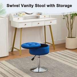 Xenothos Ottoman Swivel Vanity Stool Chair with Storage for Makeup Room Stool for Vanity Chair Height Adjustable Velvet Blue