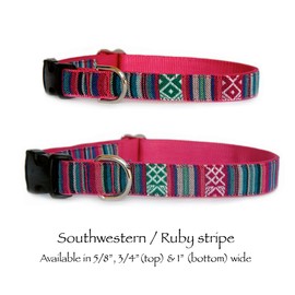 Southwestern Ruby pink stripe dog collar : Tribal, Navajo, Native American, Mexican inspired jaqcuard fabric on durable nylon designer unique pet collar. Small dog collar to large dog collar in size XS, S, M, L or XL. Handmade in the U.S.A.