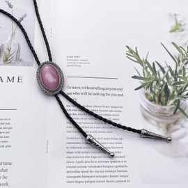 BRBAM Oval Natural Stone Pendant Bolo Tie Necklace Retro Gothic Style Necktie Gift (Pink), Medium