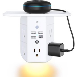 Wall Outlet Extender with Shelf and Night Light,Surge Protector,USB Wall Charger with 5 USB Outlets and 3 USB Ports 1 USB C Outlet - Colour: White, Size: 2C2A