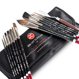 ZenART Professional Aquarellpinselset - 14 x Birkenholz Eichhörnchen- & Synthetikpinsel inkl. Palettenmesser - Flach, Rund, Filbert, Fächer, Rigger, Cat Tongue, Detailarbeit - Reiseetui aus Satin