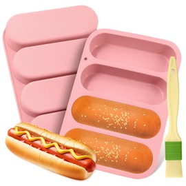 Holyenten 2 Pack Silicone Hot Dog Bun Pans, 6x9 Inch Non-Stick Baking Mold – Perfect for Homemade Hotdog Buns, Mini Baguettes & Rolls – Dishwasher Safe, 4-Cup Capacity (Pink)