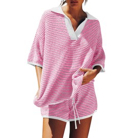 Tankaneo Womens Sweater Set 2 Piece Outfits Oversized 3/4 Sleeve V Neck Knit Tops High Waisted Shorts Lounge Sets