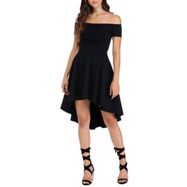 Sarin Mathews Women Off The Shoulder Short Sleeve High Low Cocktail Skater Dress Black S