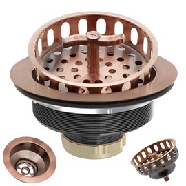 EXAKEY Kitchen Sink Drain Assembly 3-1/2 Inch Stainless Steel Kitchen Drain with T-Shaped Sink Strainer Basket and Drain Stopper for Standard Kitchen Sink Antique Copper