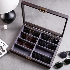 ProCase Wooden Sunglasses Organizer Trays for Men Women, Narrow Frame Glass Display Case Multiple Eyewear Eyeglass Holder Storage Box -Espresso
