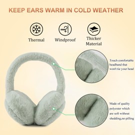 PESAAT Fluffy Ear Muff for Women Plush Foldable Earmuffs Kids Winter Earmuffs Girls Boys Cold Weather Ear Warmer (Gray-Green)