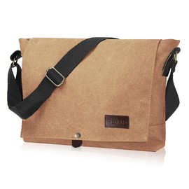 Flechazo Men's Shoulder Bag Messenger Bag Thick Canvas Growing Genuine Leather YKK Zipper A4 Compatible 14 Inch Large Capacity Commuting Travel Lightweight Lifetime, Khaki