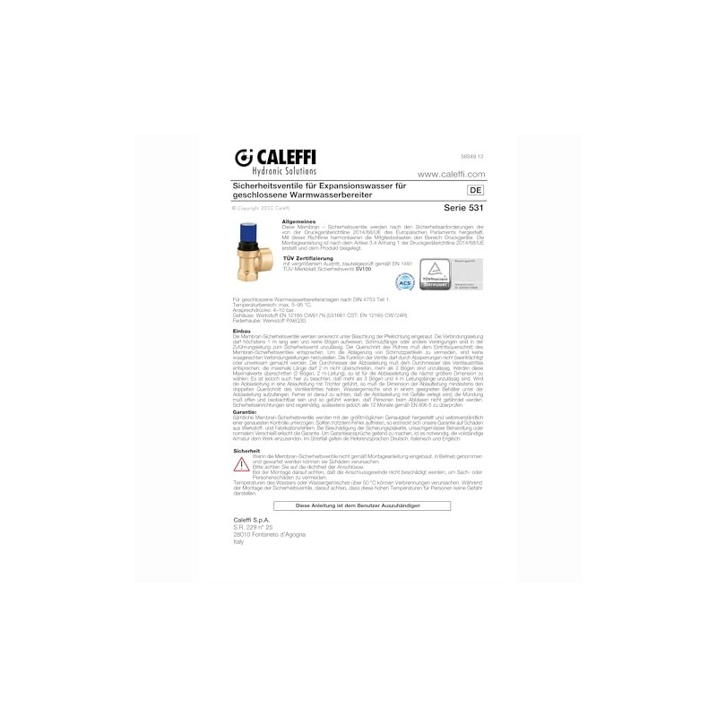 Caleffi 531440 Safety Valve for Sanitary Systems 1/2 Inch x