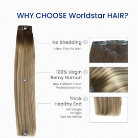 Worldstar Clip in Hair Extensions Human Hair 6Pcs #3/8/22 Walnut Brown to Ash Brown and Golden Blonde 18Inch 130g,Natural Straight Women Seamless Hair Clip in Extensions(EN#3/8/22-18)