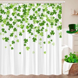 St. Patrick's Day Shower Curtain, Green Clover Leaf Irish Shamrock Shower Curtain, Green Lucky Clover Leaves Shower Curtain Green St. Patrick's Day Clover Shower Curtain Set with Hooks, 72x72 inches