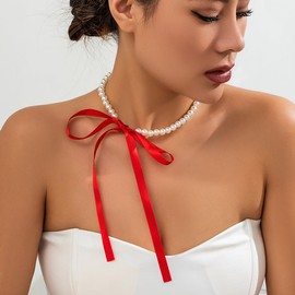 ALEXTINA Pearl Choker Necklaces for Women Trendy Ribbon Bow Choker Necklace Pearl Necklace Gifts for Women, Red