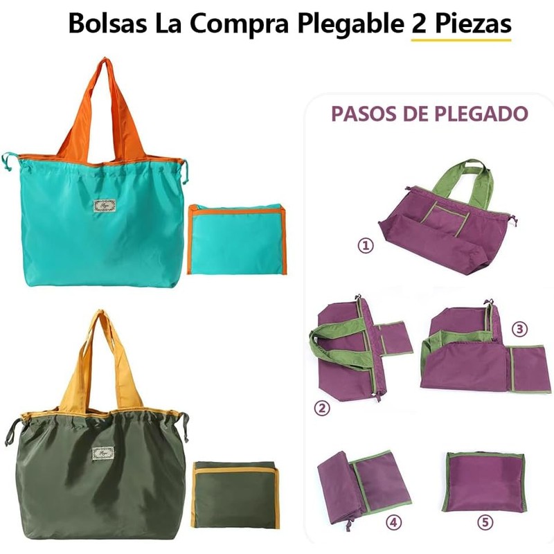 2 Piezas Bolsas de Compras Plegables,Bolsas Ecológicas Reutilizables,Bolsa Viaje Plegable