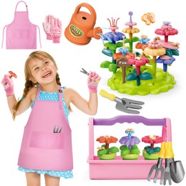 deAO Kids Gardening Play Set, 57 Pieces with Tools, Apron and Gloves, Pink (Pink)