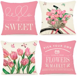 ZWJD Flower Cushion Covers, Spring, 50 x 50 cm, Set of 4, Decorative Cushions, Linen Cushion Covers, Floral, Watercolour Painting Cushion Covers, for Sofa, Living Room, Decorations, Spring