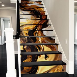 REDAMANCY Gold Yellow White Abstarct Fluid Art Peel and Stick Vinyl Stair Riser Decals Staircase Tile Stickers Decor Modern Marble Decoration Self-Adhesive(14 Pcs)