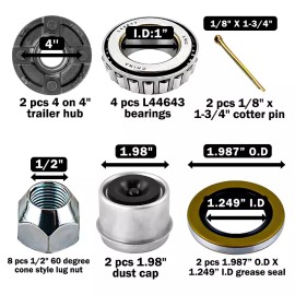 TechTrack Trailer Hub Kits 4 on 4 for 2000 lbs 1'' Straight Axle Spindle L44643 Bearings