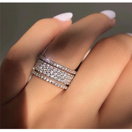 925 Sterling Silver Shiny Full Diamond Ring Cubic Zirconia Rings CZ Diamond Multi Row Ring Eternity Engagement Wedding Band Ring for Women (US Code 10)