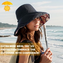 Women's Wide Brim Sun Hats UV Protection - Reversible Bucket Hat Foldable Beach Hat with Chin Strap Summer Hat for Travel