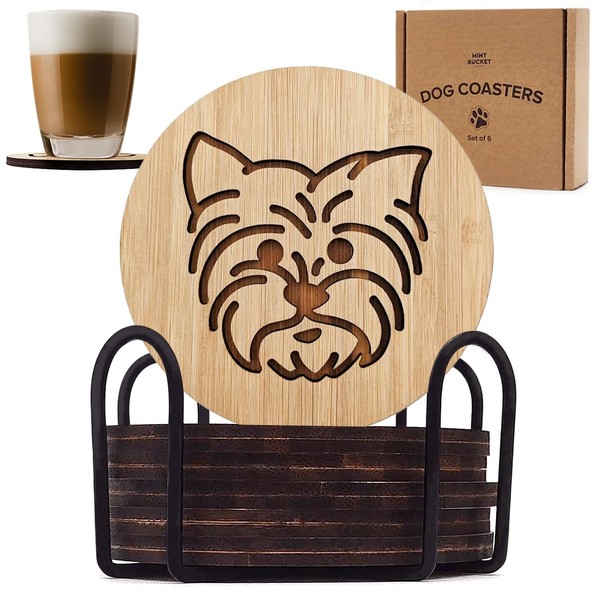 Set of 6 Bamboo Coasters with Holder - 3.9" Fun