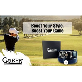 Hanway Green Golf Belt for Men, 100% Leather Ratchet Belt with Automatic Buckle, Adjustable Belt for Easy, Customizable Fit (Made in Taiwan), Navy