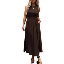 Evzeiem Women's Sleeveless Summer Maxi Dress Crewneck Casual Swing Pleated Long Dresses with Pockets,Brown L