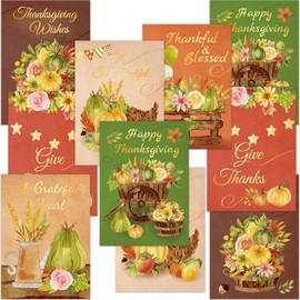 WorldBazaar Gold Foil Thanksgiving Greeting Cards with Envelopes 24PCS Harvest Give Thanks Cards Watercolor Fall Pumpkin Turkey Cards Autumn Thanksgiving Party Supplies