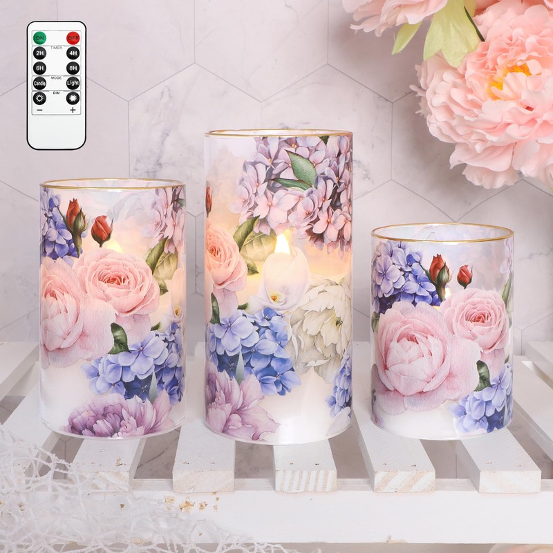 Silverstro Hydrangea Rose Flameless Candles with Remote Control & Timer