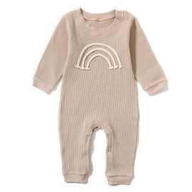 Verve Jelly Newborn Baby Boys Girls Rainbow Print Romper Infant Bodysuit Long Sleeve Jumpsuit Outfits One Piece Autumn Winter Clothing, khaki