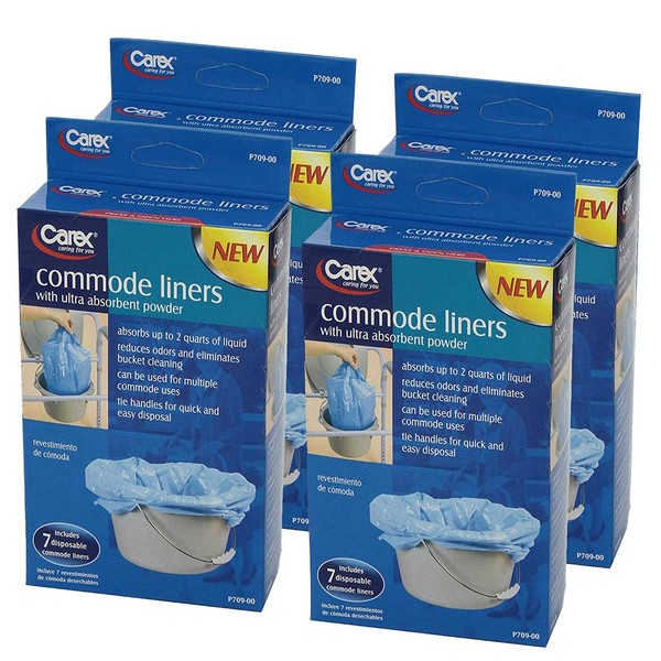 Carex Commode Liners, 28 Liners - Fits Most Commodes, With Absorbent Powder, Holds 2 Quarts Liquid, Disposable 7 Toilet Liners/box, Pack of 4