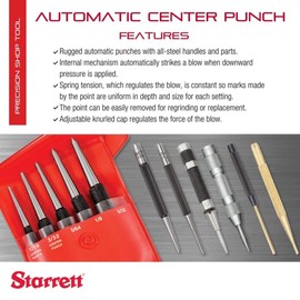Starrett Steel Automatic Center Punch with Adjustable Stroke - 5" Length, 9/16" Punch Diameter, Lightweight, Knurled Steel Handle - 18A