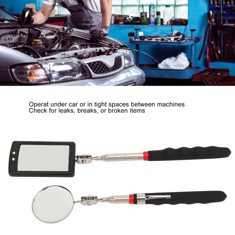 2Pcs Telescoping Inspection Mirror Set LED Lighted Flexible Retractable Pickup