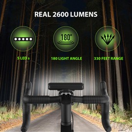 UPPEL Bike Lights 2600 Lumens 8000 mAh USB C Port Charging 5 LEDs 4 Lightning Modes Easy Installation bicycle Lights Waterproof Best Aluminum Bike Light Front for Night Riding-Black