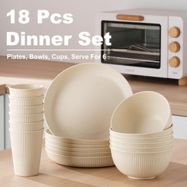 CYNTHIA Dinnerware Sets for 6 Plastic Plates and Bowls Sets Wheat Straw 18 Pcs Kitchen Dishes Set Salad Plates Cereal Bowls Cups Microwave Unbreakable Tableware Set For Kids Party(Beige White)