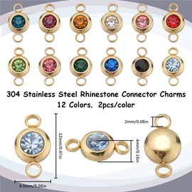 SUNNYCLUE 1 Box 24Pcs 12 Colors Rhinestone Connector Charms Gold Birthstone Charm Bulk Flat Round Links Diamond Crystal Golden Stainless Steel Charms for Jewellery Making Charms Earrings DIY Crafts