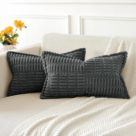 JOTOM Set of 2 Corduroy Soft Striped Cushion Covers with Splicing 30x50 cm Boho Decorative Throw Pillow Covers Lumbar Cushion Case Couch Pillowcases for Sofa Bed Home Decor 12x20 Inch (Dark Grey)