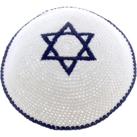 Round Designs Star of David Knitted Kippah (White Cotton and Blue Star)