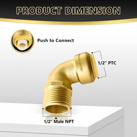 （Pack of 2）Foskan Push Fit Brass Fittings, 1/2"PTC x 1/2"Male Thread Elbow With Disconnect Clip, Push to Connect PEX, Copper, CPVC Pipes for Pipe Repairs & Projects(PTC x MNPT)