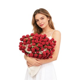 sykart 43 Inch Crochet Flower Bouquet Blanket, Handmade Knitted Blanket with 52 Rose Flowers, Ideal Birthday Wedding Anniversary for Women Mom, Wife, Girlfriend (Red Rose)