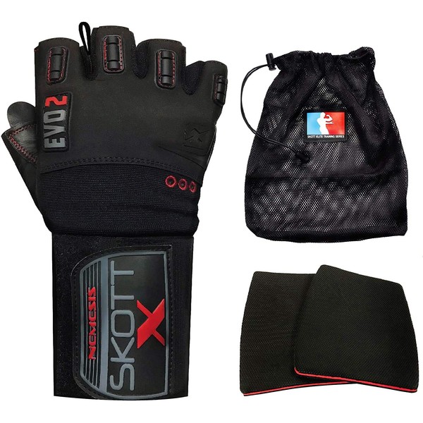 skott Evo 2 X-Edition Weight Lifting Gloves with Storage Bag & 2 Grip Pads - Genuine Leather Padded Workout Gloves for Full Palm Protection - Ultra Durable Gym Accessories for Exercise