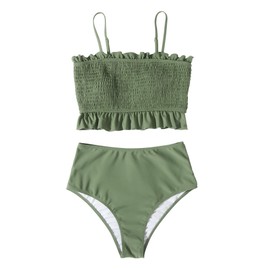RXRXCOCO Womens Shirred Bandeau Bikini Cute Two Piece Swimsuit Off Shoulder High Waist Bathing Suit Army Green X-Small