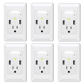 GREENCYCLE High Speed USB Charger Wall Outlet,15-Amp Duplex Receptacle,2 USB Charging Ports 4.2A and 2 Electrical AC Outlets, with Power-Saving Auto Nightlight Sensor and Wall Plates (White, 6 Pack)