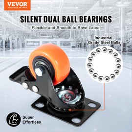 VEVOR Caster Wheels, 2-inch Swivel Plate Casters, Set of 4, with Security Dual Locking No Noise PVC Wheels for Cart Furniture Workbench, Heavy Duty 150 lbs Load Capacity Per Caster