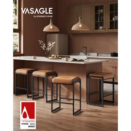 VASAGLE EKHO Collection - Bar Stools Set of 2, Counter Height Bar Stools, Synthetic Leather with Stitching, Mid-Century Modern Counter Stools, 26-Inch Tall, Kichen Home Bar Dining Room, Cream White